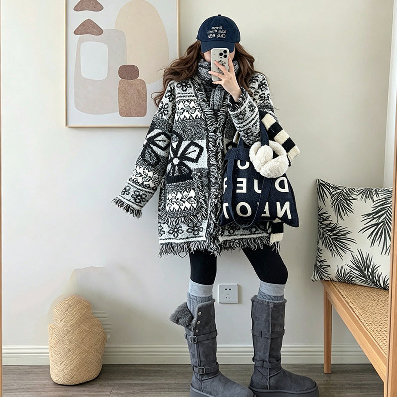 Tassel jacquard cardigan sweater