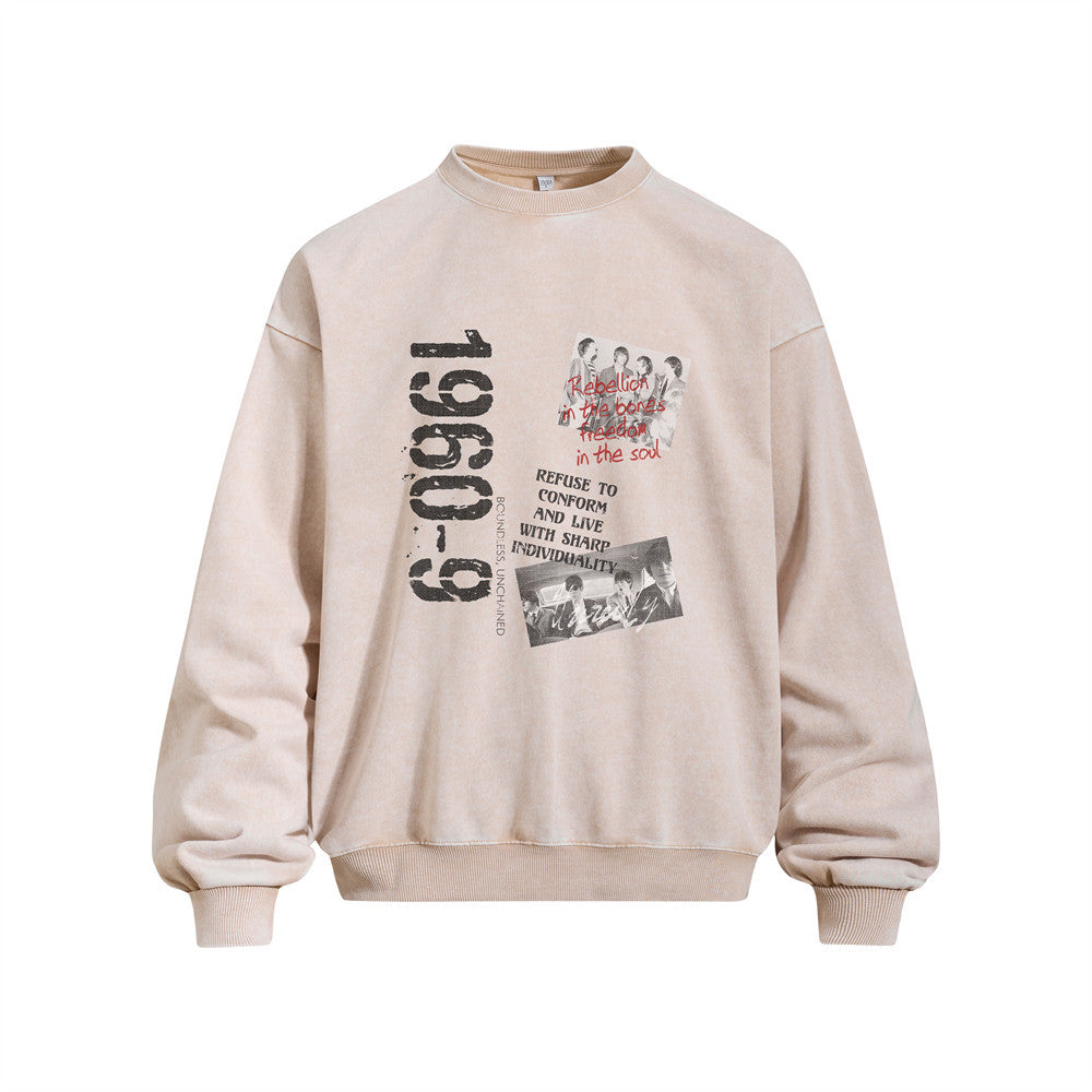Vintage Number  Portrait Print Long Sleeve Crew Neck Men's Sweatshirt with Distressed Wash