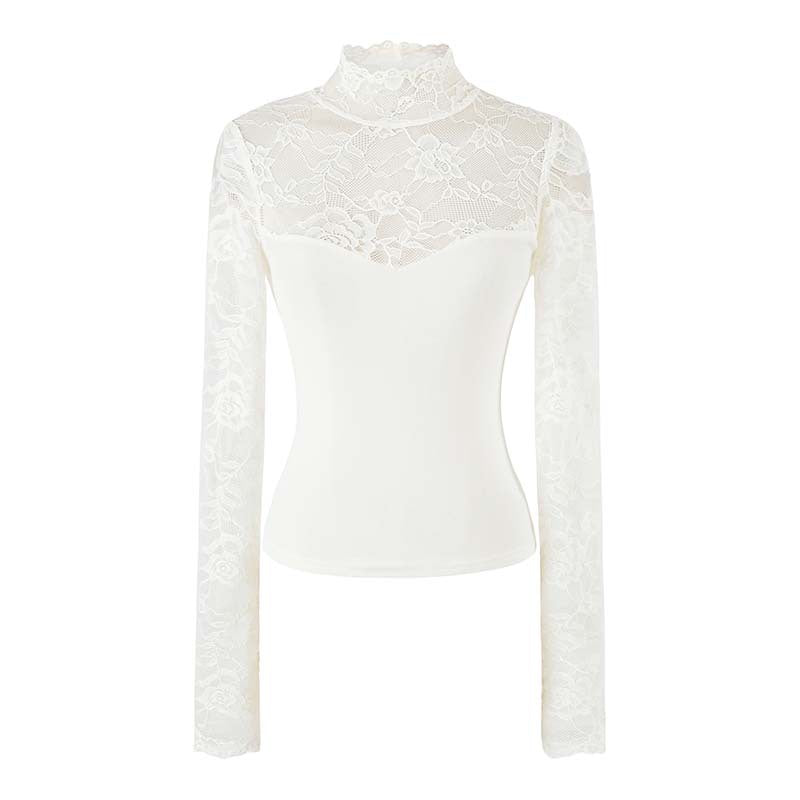 Lace Spliced Cut-Out Stand Collar Crop Women's T-Shirt