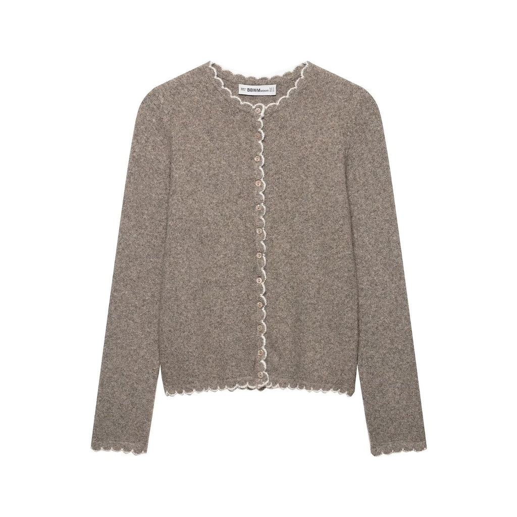 Long Sleeve Knit Cardigan Jacket with Lace Trim and Button Closure