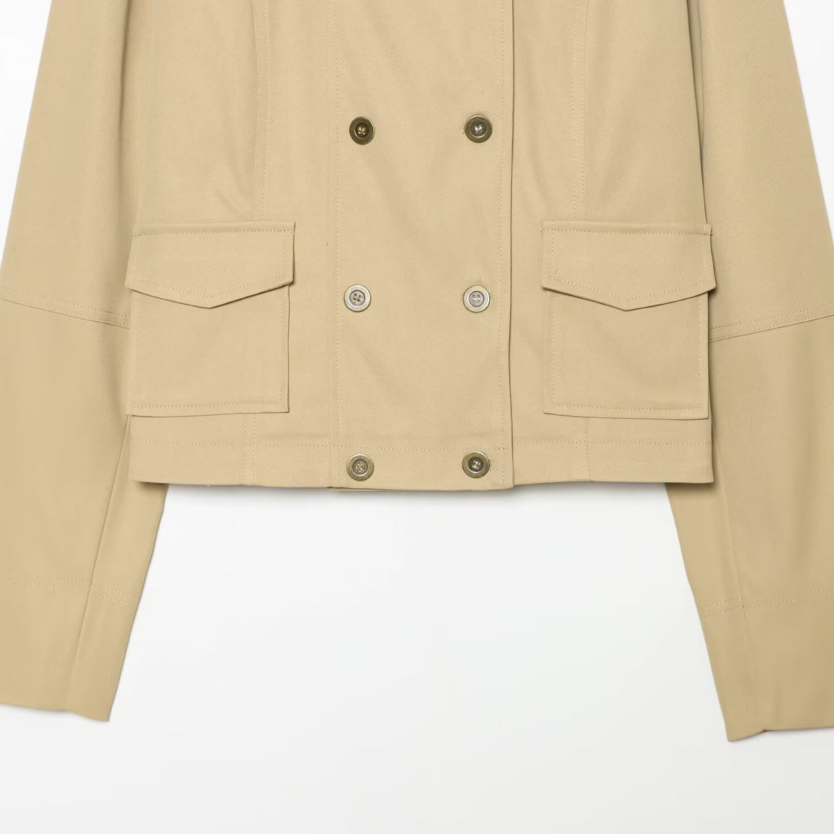 Casual double breasted long sleeved stand up collar pocket embellished jacket