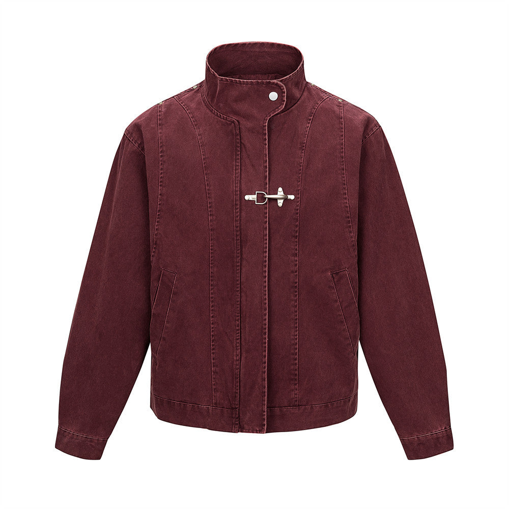 Men's Deconstructive Workwear Snowflake Wash Long Sleeve Aviation Button Stand Collar Relaxed Fit Denim Jacket