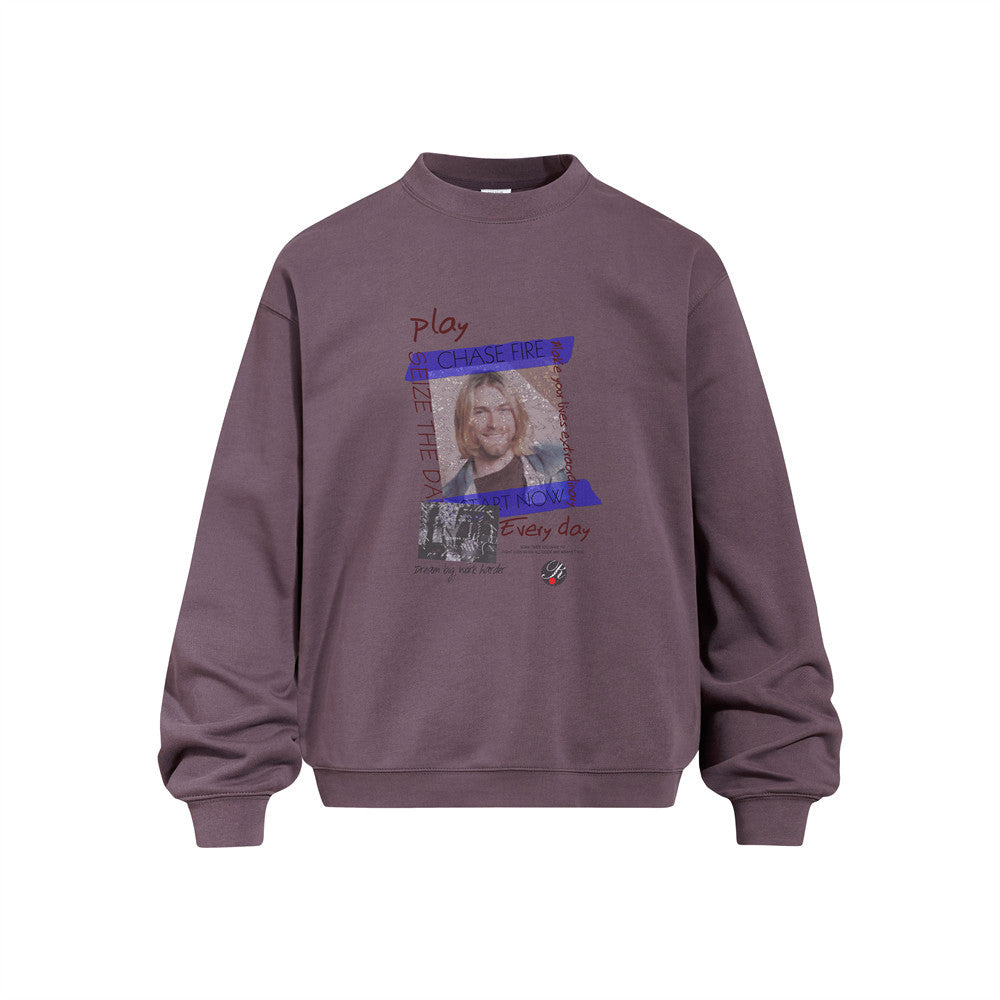 Men's Portrait Print Long Sleeve Crew Neck Oversized Heavyweight 420GSM Casual Streetwear Pullover Sweatshirt