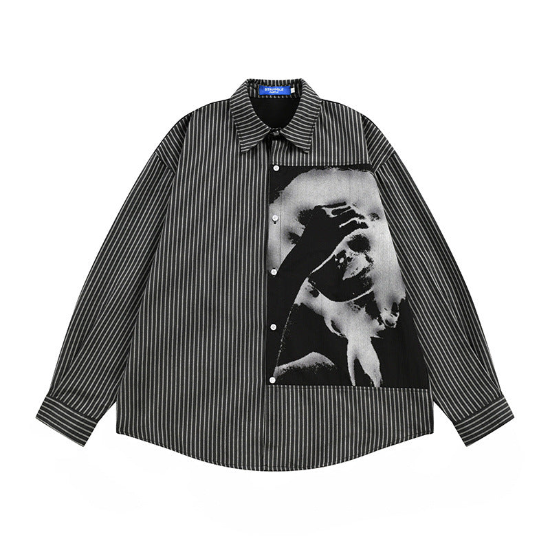 Men's Dark Hip-Hop Loose Face Print Vertical Stripes Long Sleeve Collared Shirt