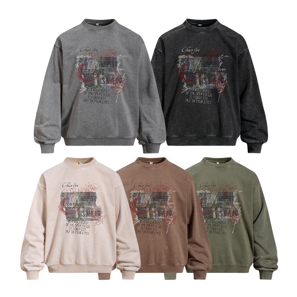 Men's Vintage Washed Graffiti Letter Print Crewneck Sweatshirt Casual Street Style Pullover