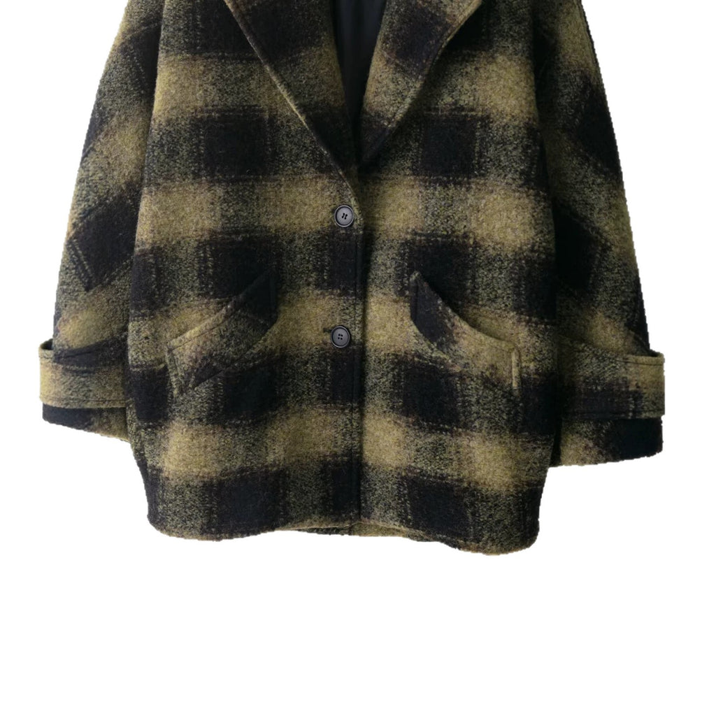Casual Large Plaid Long Sleeve Woolen Mid-Length Coat