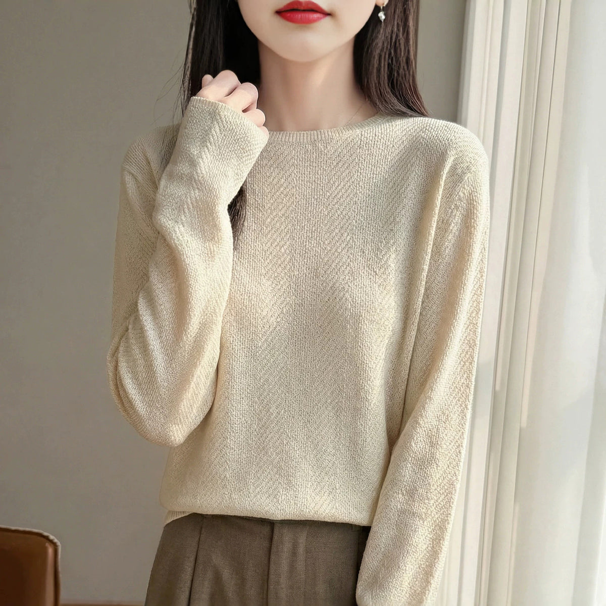 Women's Casual Blend Knit Long Sleeve Round Neck Top