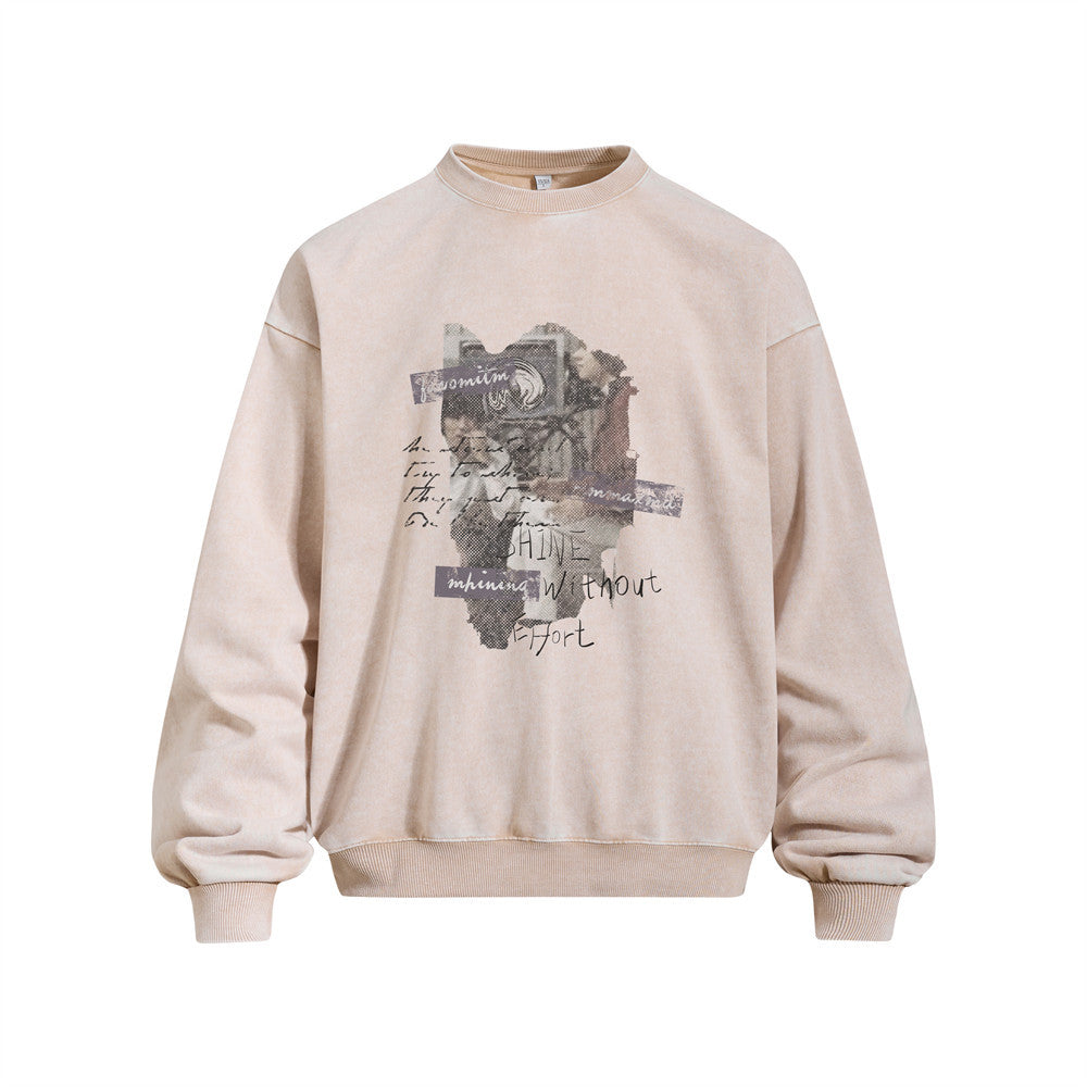 Men's Vintage Washed Portrait Graphic Print Long Sleeve Crew Neck Pullover Sweatshirt