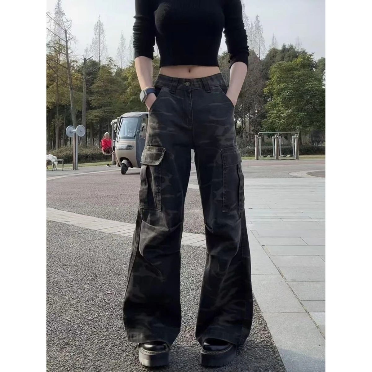 Vintage Camouflage Cargo Pants for Women, Straight Leg, Multi-Pocket, Wide Leg, Casual Floor-Length Trousers, Cotton