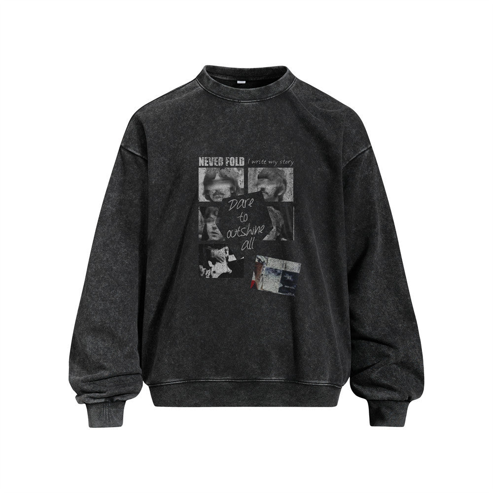 Creative Portrait Print Long Sleeve Crew Neck Washed Vintage Men's Pullover Sweatshirt