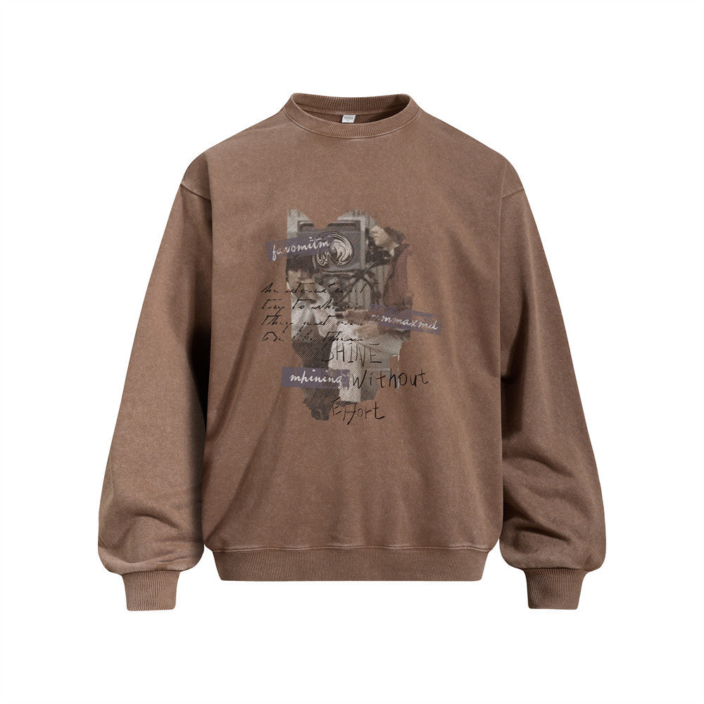 Men's Vintage Washed Portrait Graphic Print Long Sleeve Crew Neck Pullover Sweatshirt