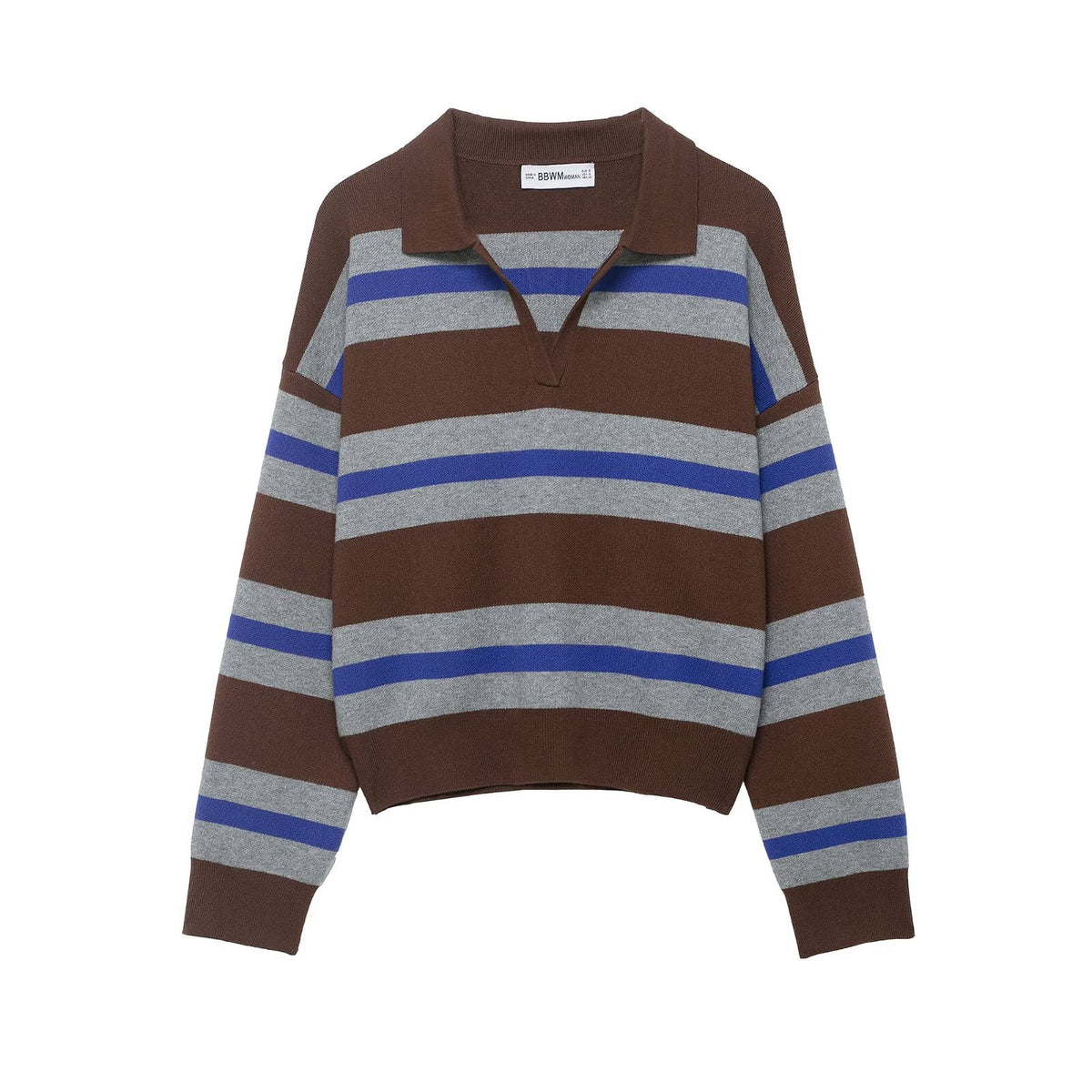 Elegant Contrast Stripe Knit Cardigan Women's Top with Lapel Collar Slimming Fit