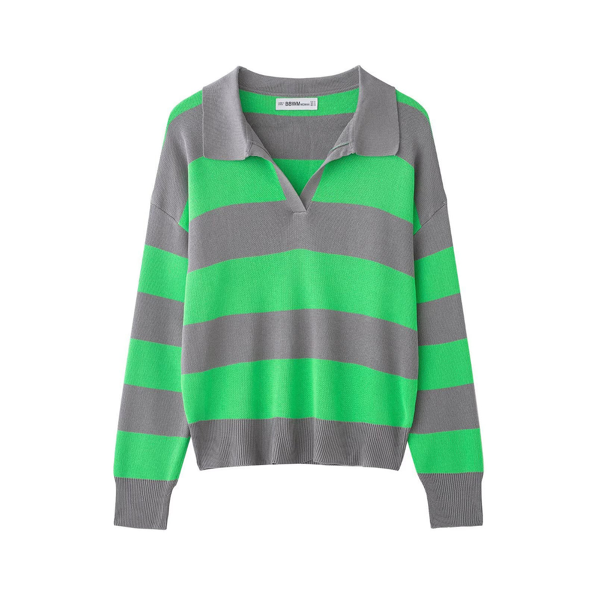 Elegant Contrast Stripe Knit Cardigan Women's Top with Lapel Collar Slimming Fit