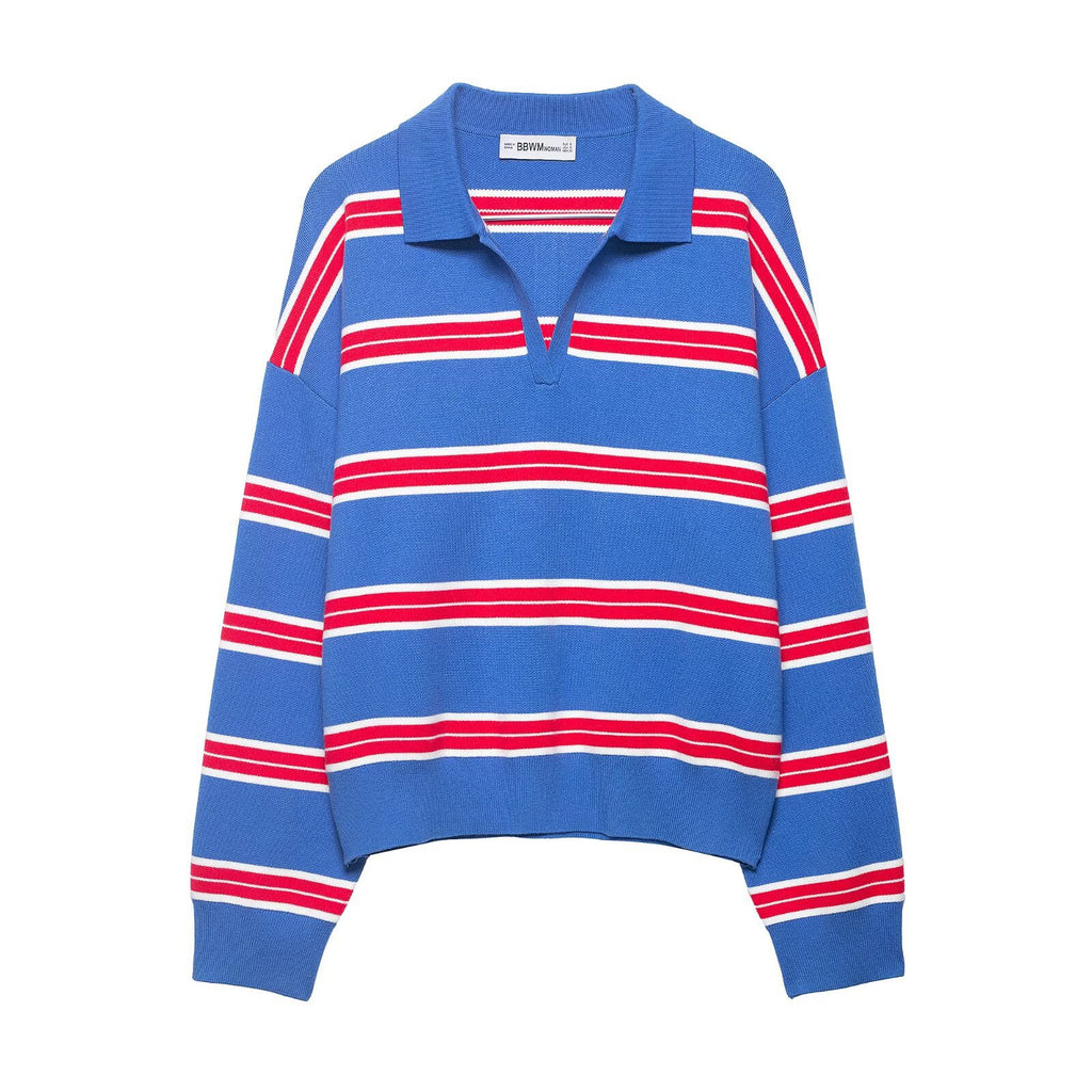 Elegant Contrast Stripe Knit Cardigan Women's Top with Lapel Collar Slimming Fit