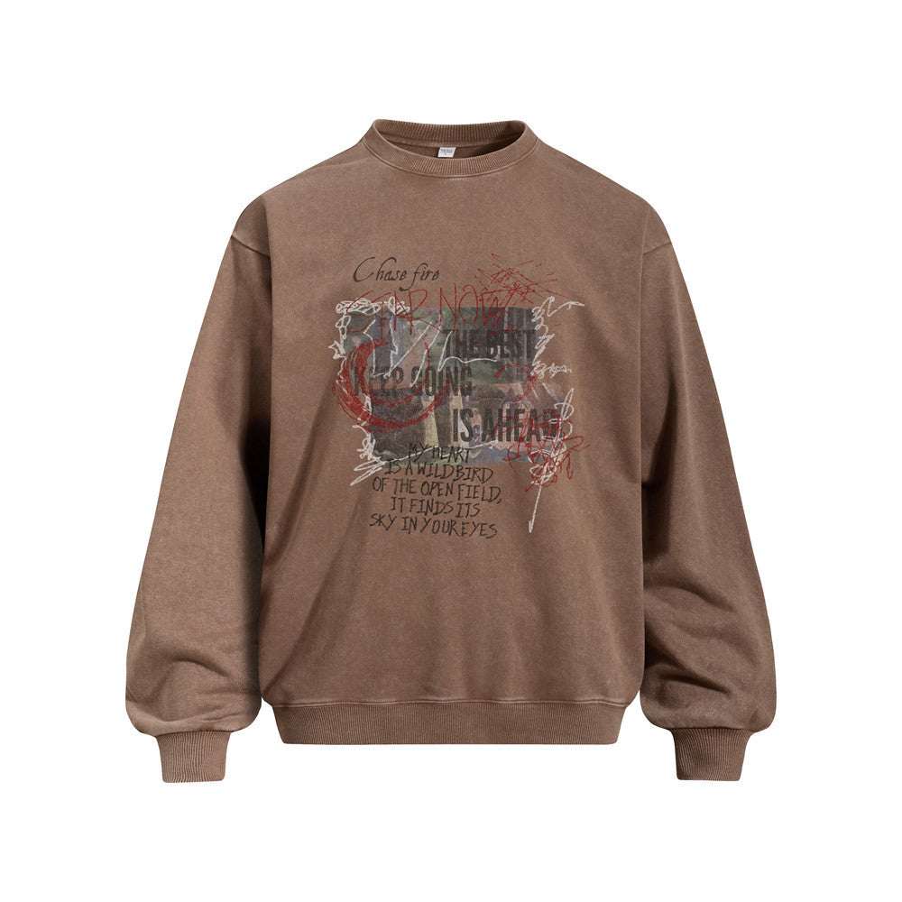Men's Vintage Washed Graffiti Letter Print Crewneck Sweatshirt Casual Street Style Pullover