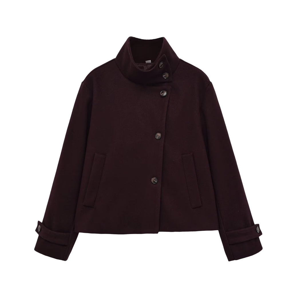 Versatile solid color long sleeved stand up collar jacket