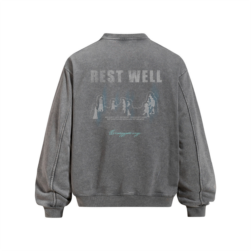 Vintage Distressed Crew Neck Sweatshirt Men Silhouette Print Casual Oversized Pullover