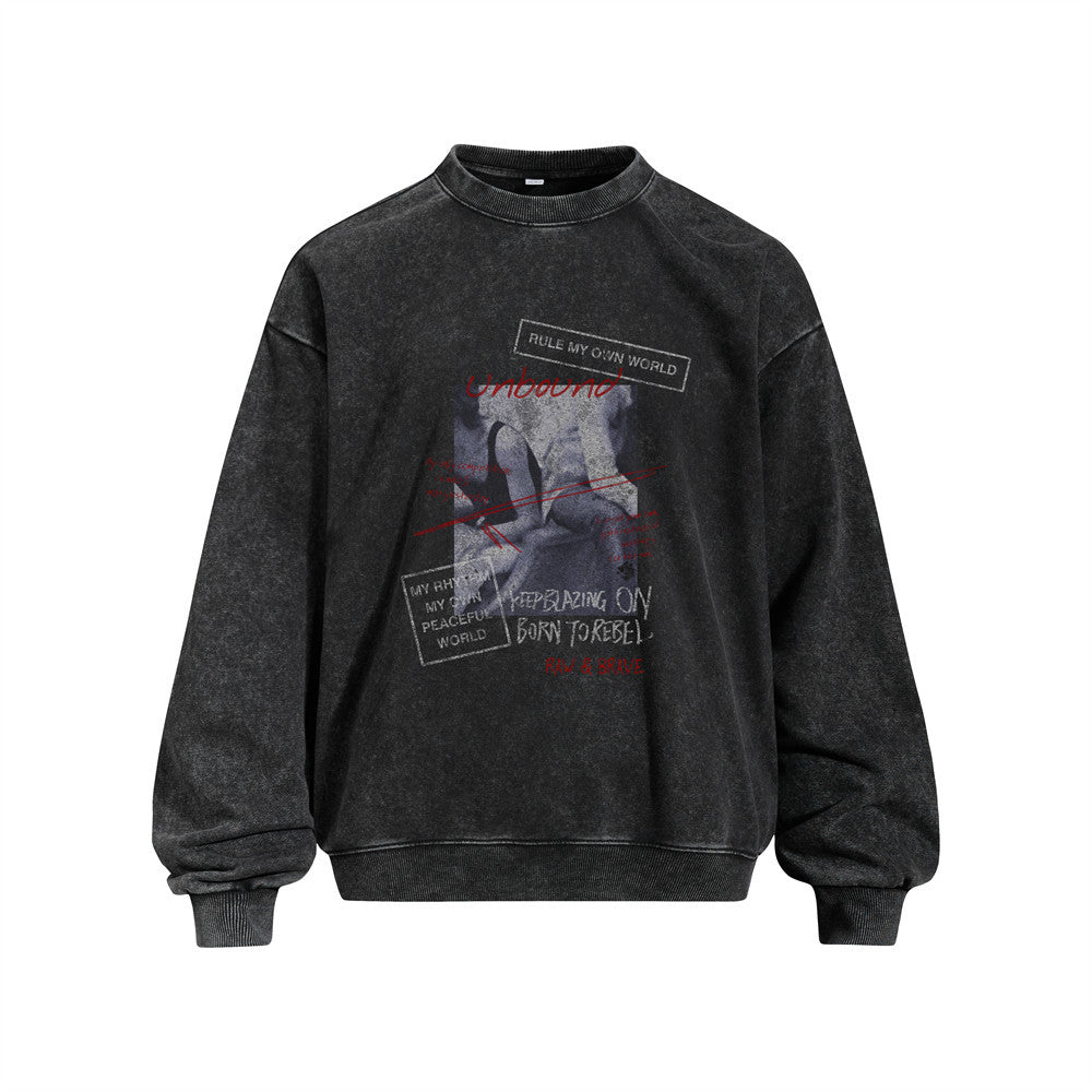 Retro Character Graphic Print Distressed Wash Long Sleeve Crew Neck Men's Loose Casual Sweatshirt