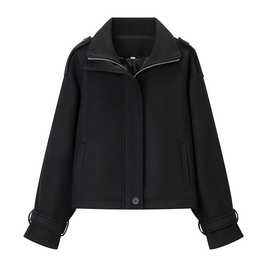 Gray Relaxed Fit Wool Blend Zip-Up Cropped Coat for Women