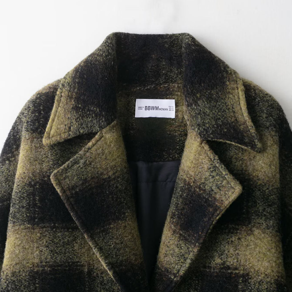 Casual Large Plaid Long Sleeve Woolen Mid-Length Coat