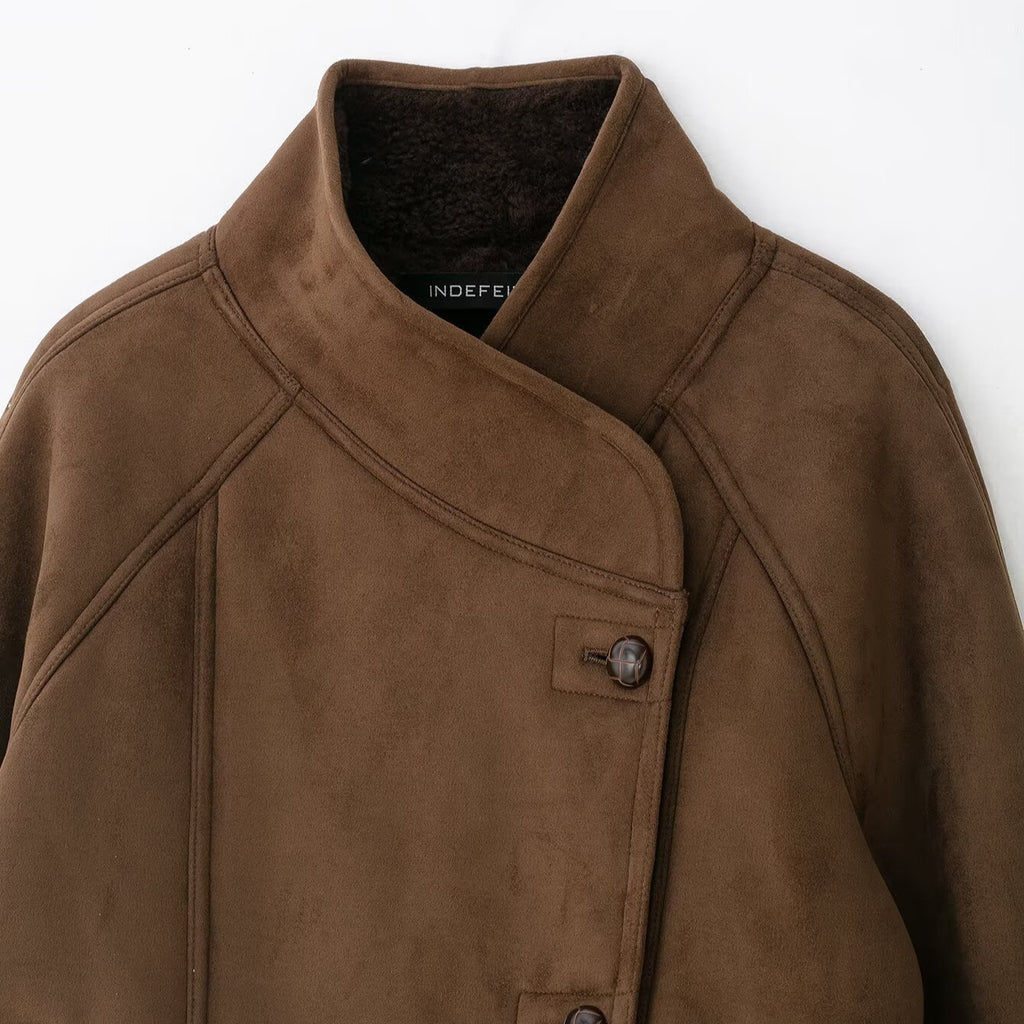 Double breasted buckle faux fur effect splicing high collar jacket