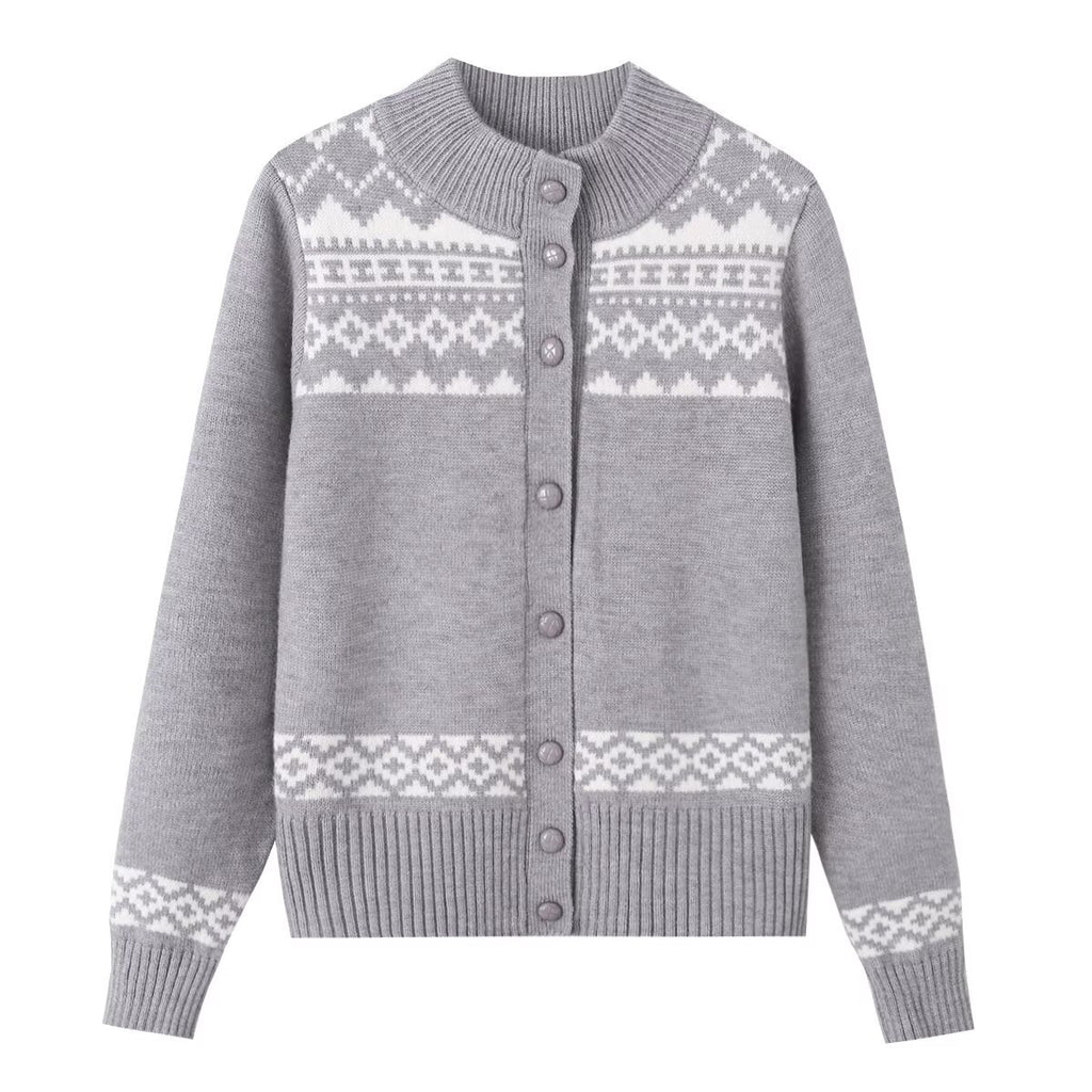 Slim Fit Cropped Fair Isle Pattern Long Sleeve Mock Neck Knit Cardigan