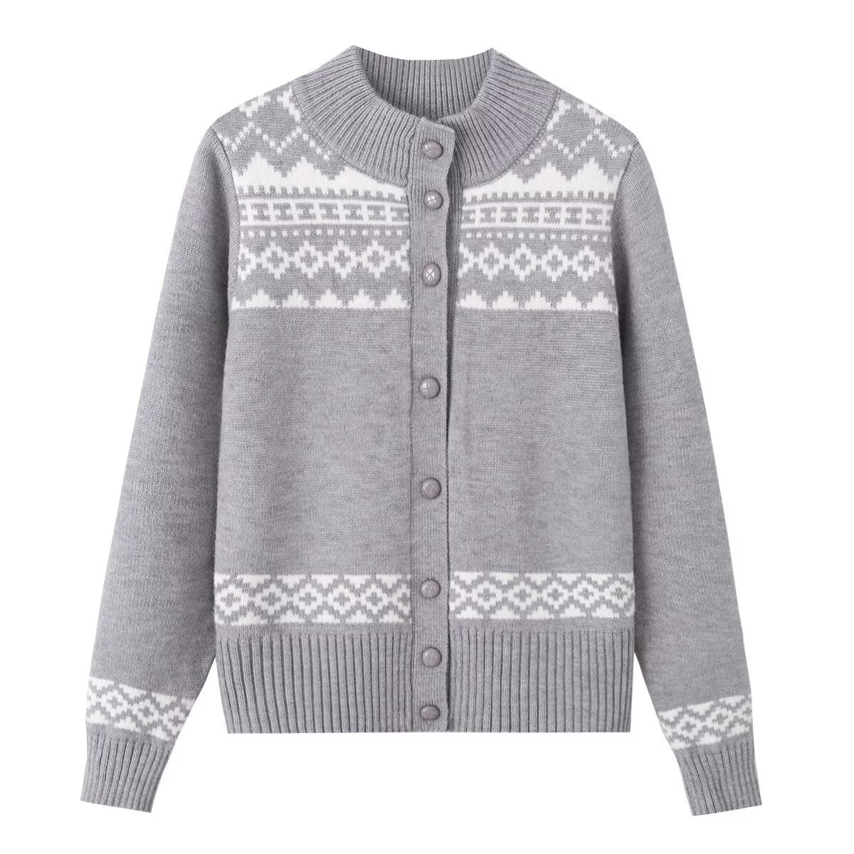 Slim Fit Cropped Fair Isle Pattern Long Sleeve Mock Neck Knit Cardigan