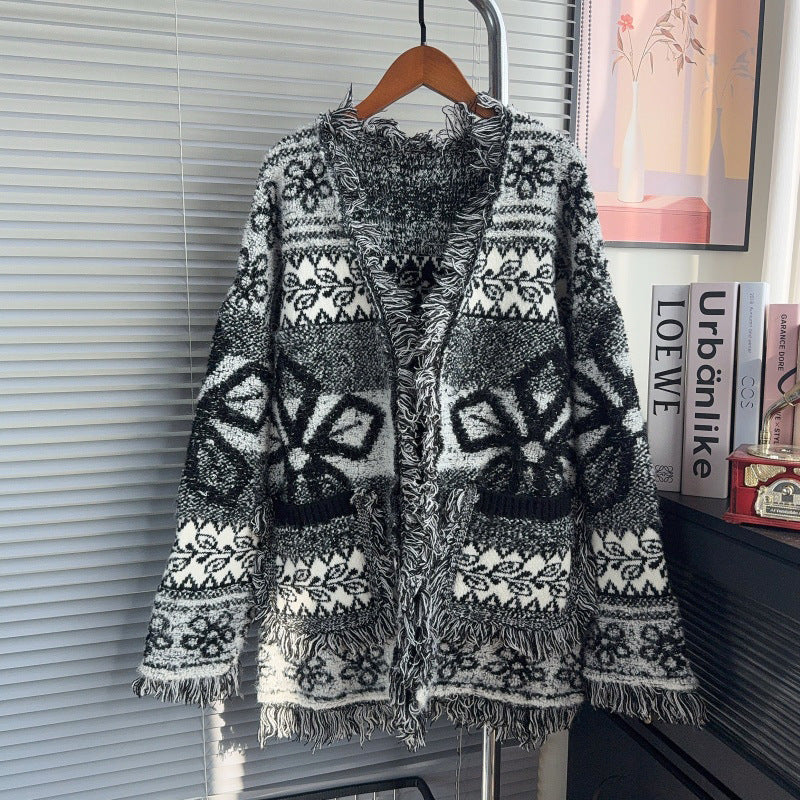 Tassel jacquard cardigan sweater