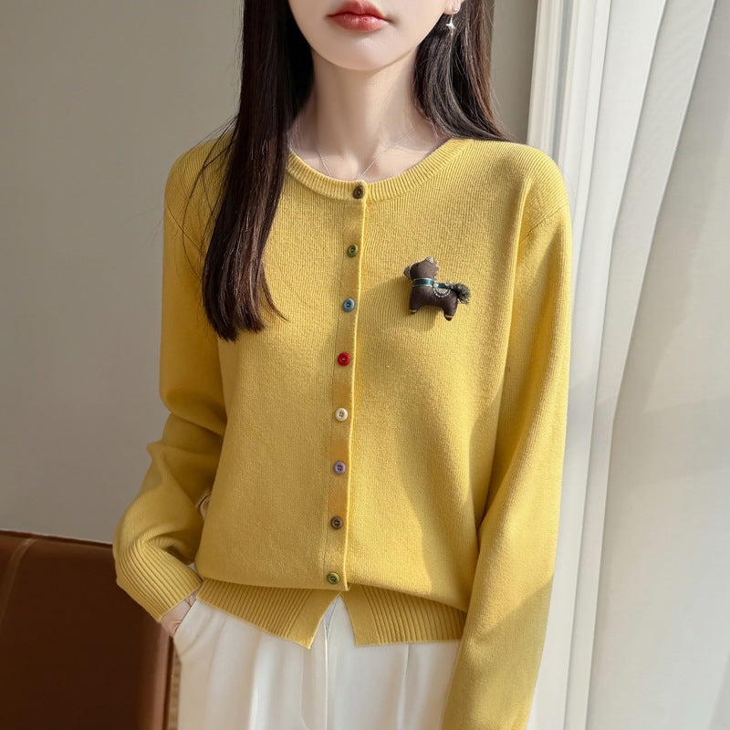 Women's Loose Long Sleeve Round Neck Knit Cardigan