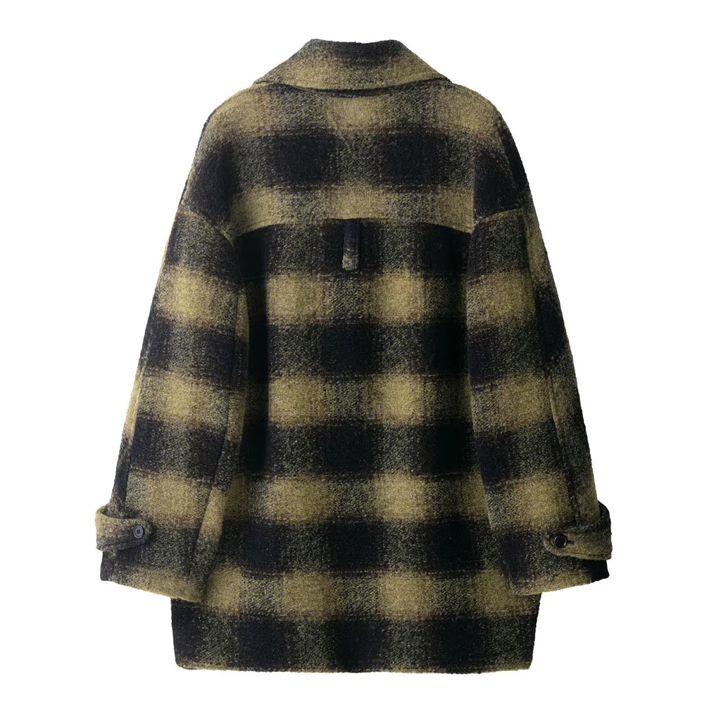 Casual Large Plaid Long Sleeve Woolen Mid-Length Coat