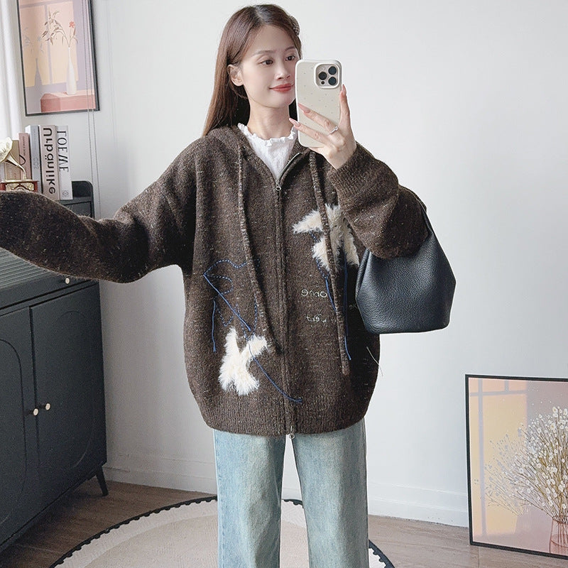 Hooded Jacquard Embroidered Sweater