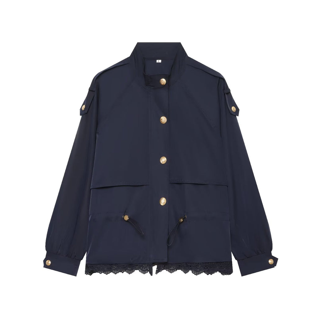 Simple stand up collar long sleeved single breasted lace patchwork workwear short jacket