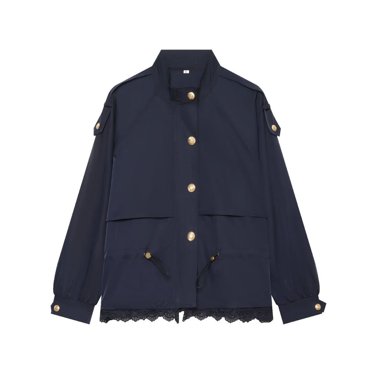 Simple stand up collar long sleeved single breasted lace patchwork workwear short jacket