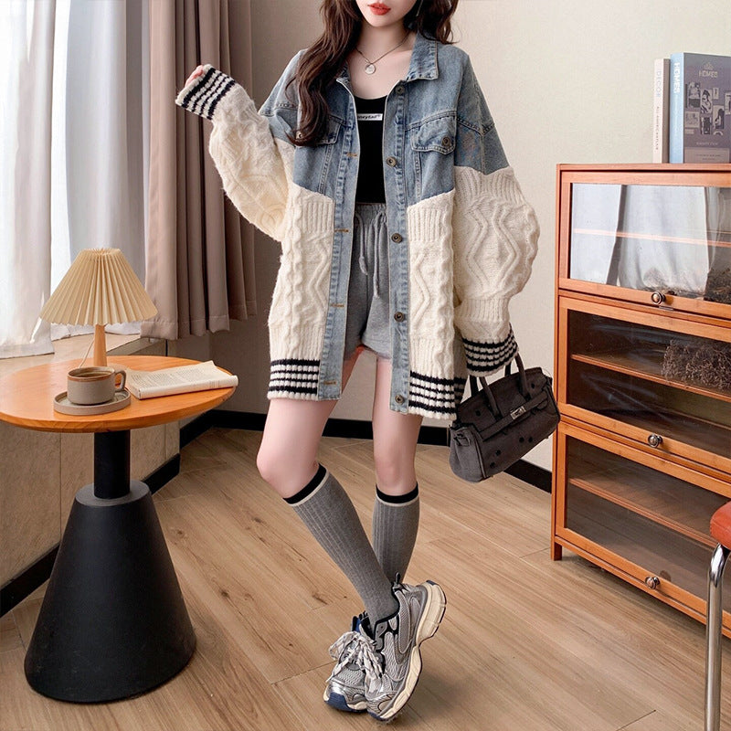 Loose denim patchwork sweater