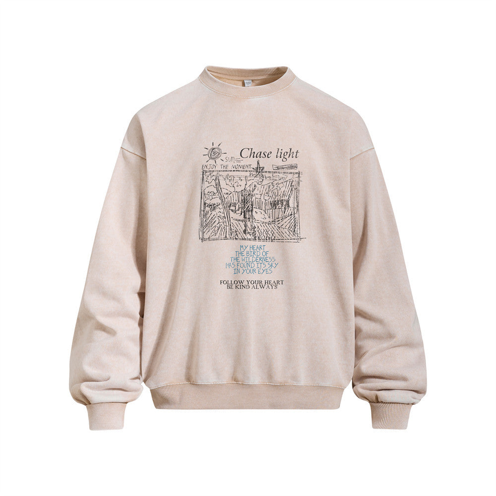 Men's Vintage Crew Neck Pullover Sweatshirt with Illustration Print