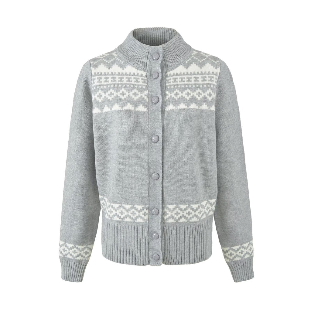 Slim Fit Cropped Fair Isle Pattern Long Sleeve Mock Neck Knit Cardigan