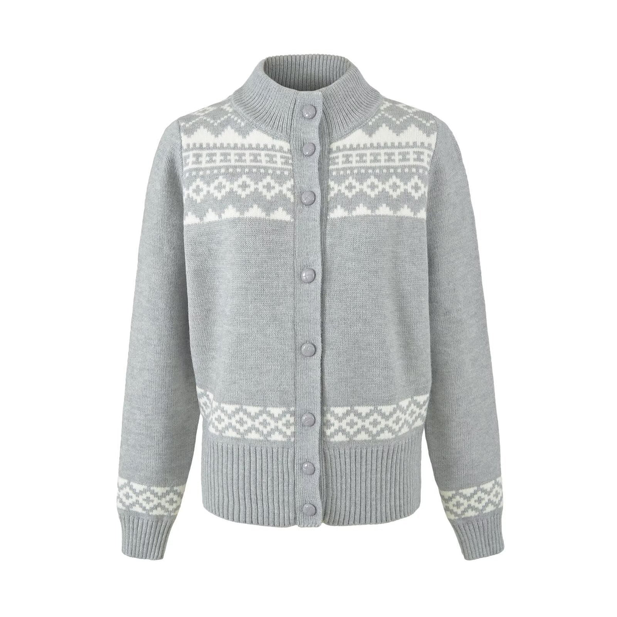 Slim Fit Cropped Fair Isle Pattern Long Sleeve Mock Neck Knit Cardigan