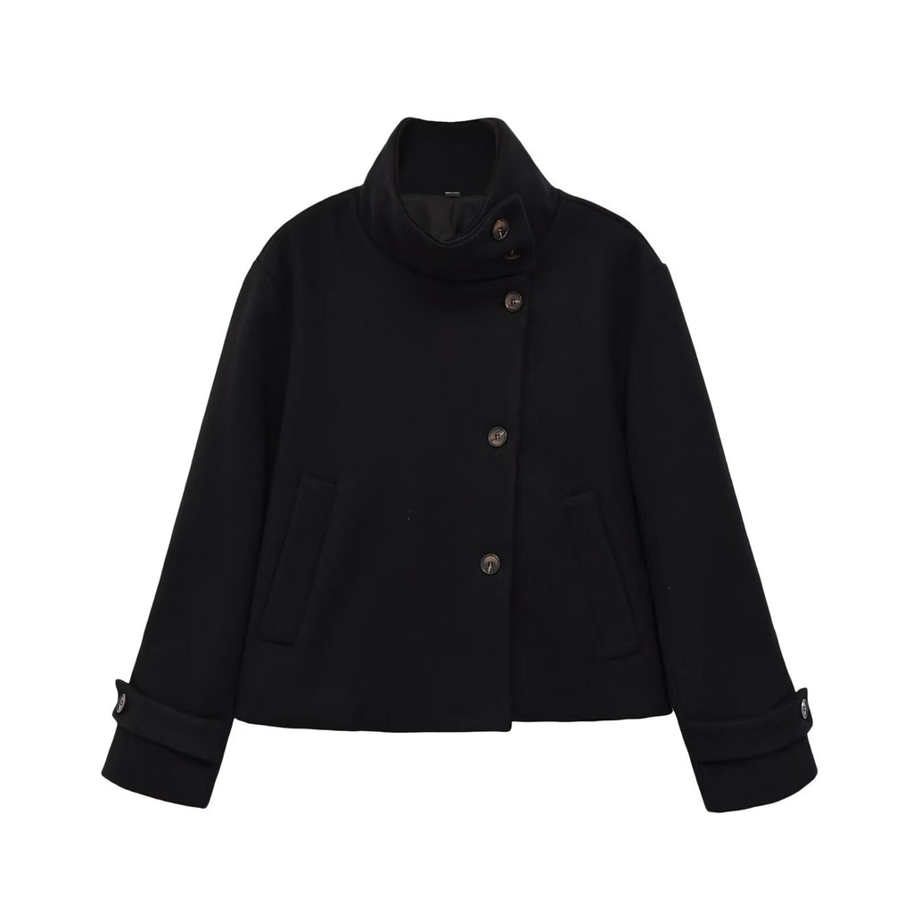 Versatile solid color long sleeved stand up collar jacket