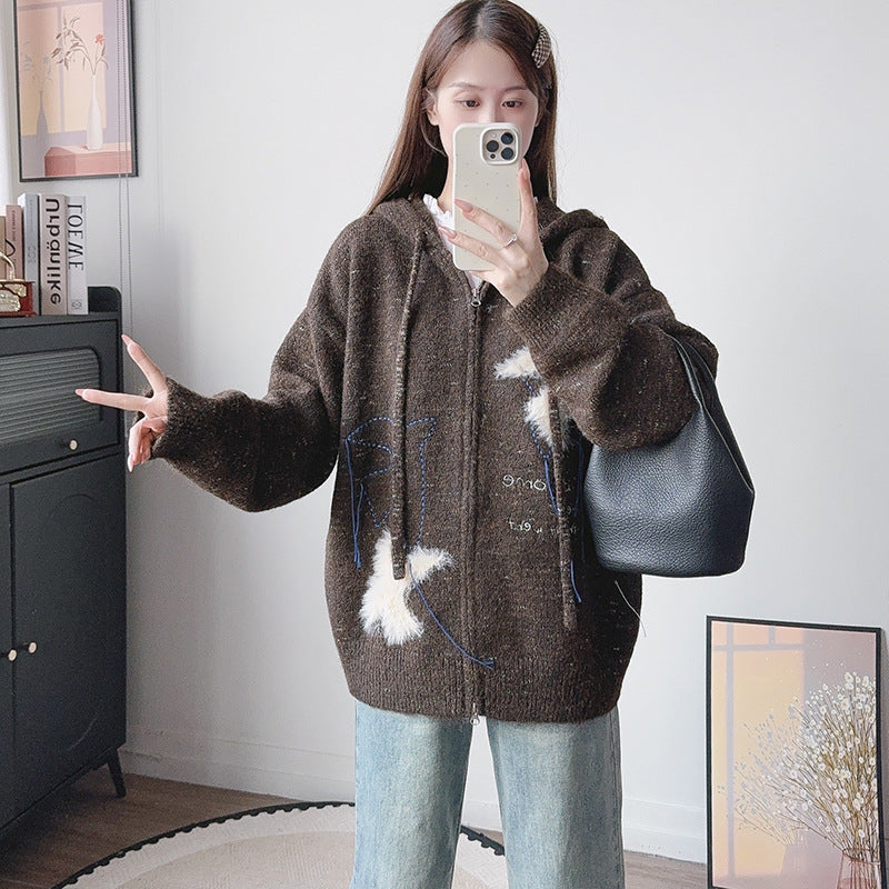 Hooded Jacquard Embroidered Sweater