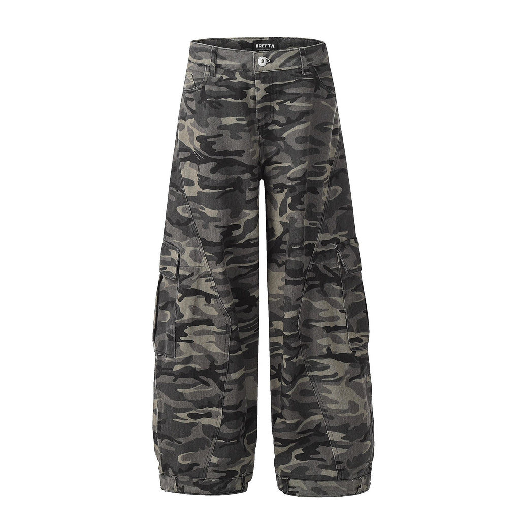 Camouflage Cargo Jeans Women Retro Multi-pocket Wide-leg Deconstructed Banana Knife Pants