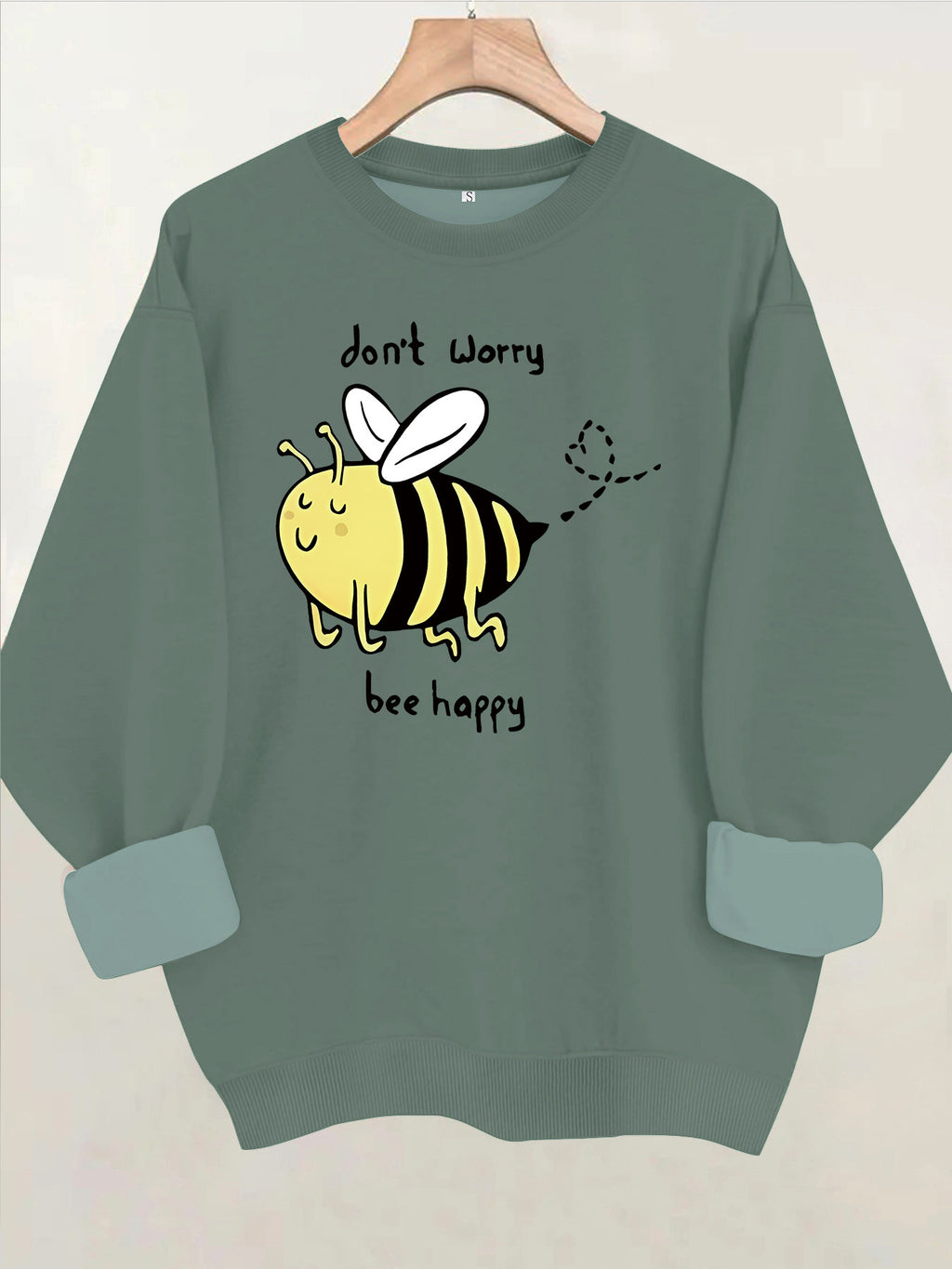 Bee pattern printed round neck fleece hoodie