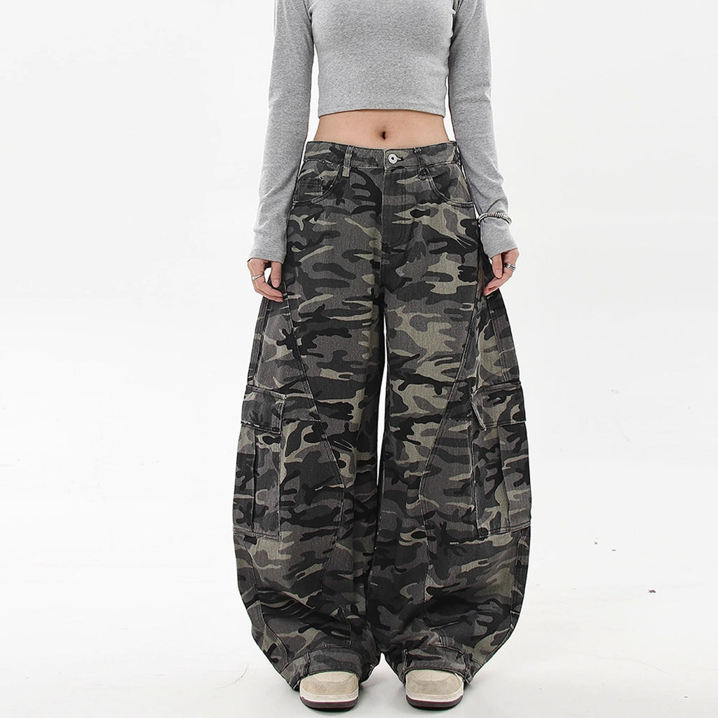 Camouflage Cargo Jeans Women Retro Multi-pocket Wide-leg Deconstructed Banana Knife Pants