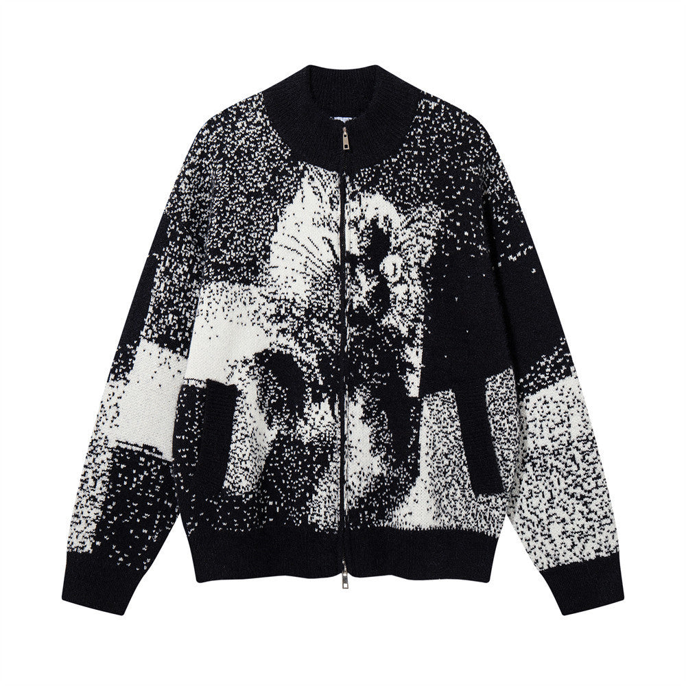 Men's Long Sleeve Cat Jacquard Pattern Stand Collar Cardigan Sweater Relaxed Casual Knit Jacket