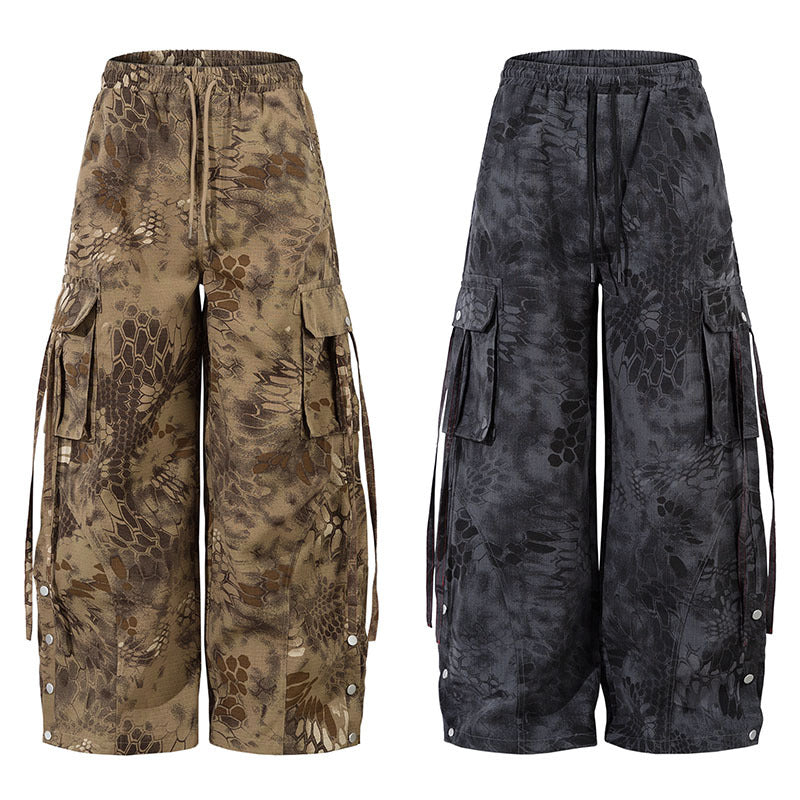 Loose Fit Cargo Trousers Snake Pattern Camouflage Multi-Pocket Wide Leg Casual Pants for Men and Women