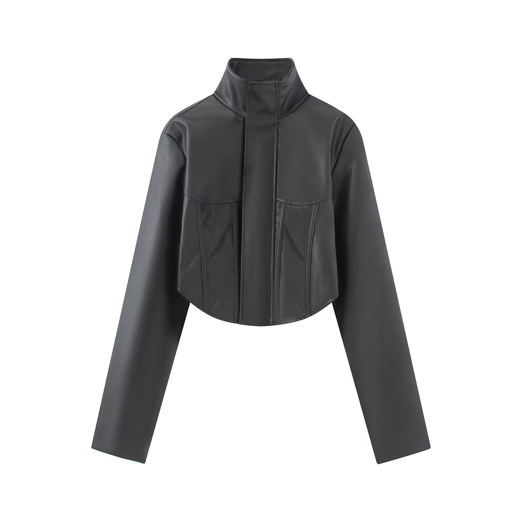 Solid color stand up collar fishbone PU leather short jacket