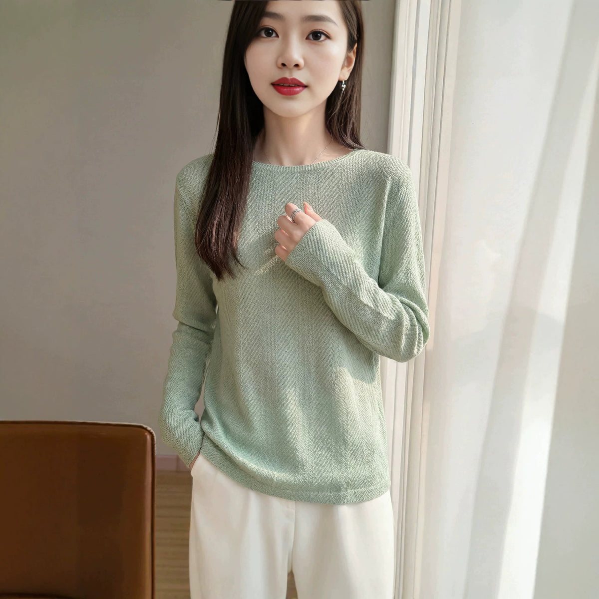 Women's Casual Blend Knit Long Sleeve Round Neck Top