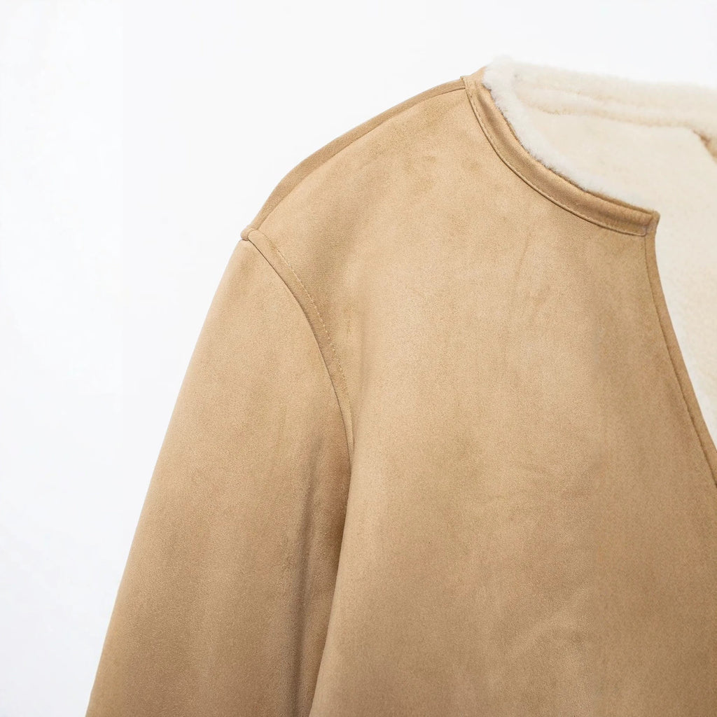 Faux Suede Reversible Round Neck Oversized Jacket