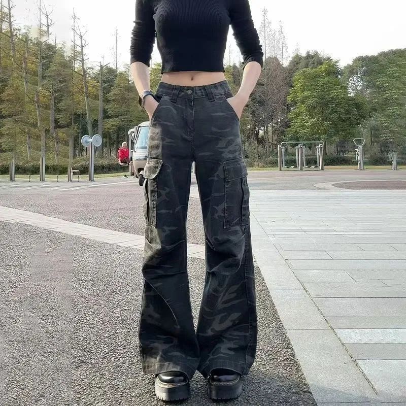 Vintage Camouflage Cargo Pants for Women, Straight Leg, Multi-Pocket, Wide Leg, Casual Floor-Length Trousers, Cotton