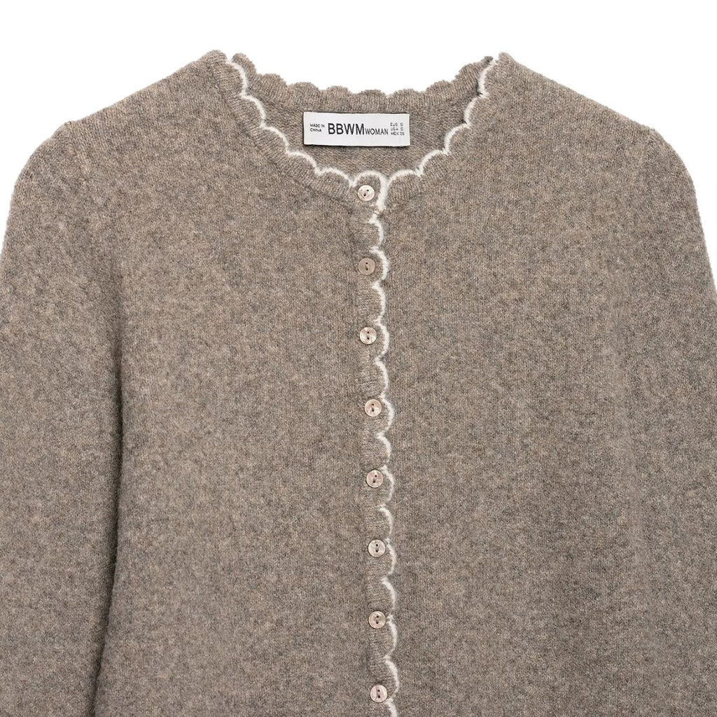 Long Sleeve Knit Cardigan Jacket with Lace Trim and Button Closure