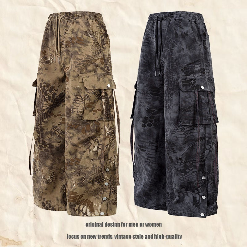 Loose Fit Cargo Trousers Snake Pattern Camouflage Multi-Pocket Wide Leg Casual Pants for Men and Women